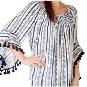 NWT Bohemian STUDIO WEST Blue White Boho Flowy Bell Sleeves Blouse Plus Size XXL